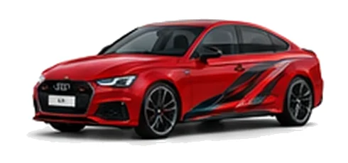 Audi A5 in Tango Red with Audi performance vinyl graphics, front three-quarter view on a white background.