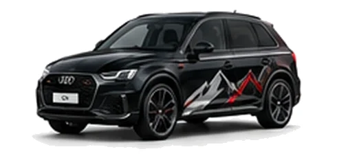 Audi Q5 in Mythos Black with Audi performance vinyl graphics, front three-quarter view on a white background.