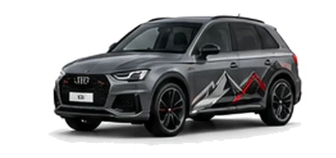 Audi Q5 in Daytona Grey with Audi performance vinyl graphics, front three-quarter view on a white background.