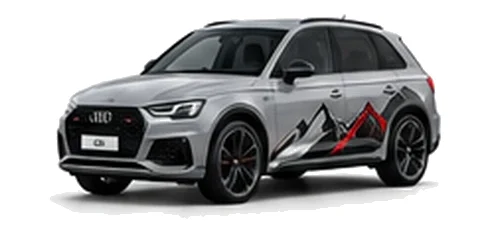 Audi Q5 in Chronos Grey with Audi performance vinyl graphics, front three-quarter view on a white background.