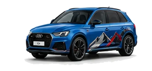 Audi Q5 in Ascari Blue with Audi performance vinyl graphics, front three-quarter view on a white background.