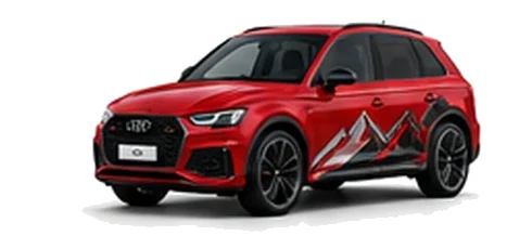 Audi Q5 in Tango Red with Audi performance vinyl graphics, front three-quarter view on a white background.