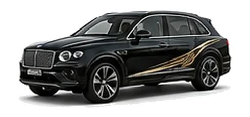 Bentley Bentayga in Onyx Black with luxury touring vinyl graphics, front three-quarter view on a white background.
