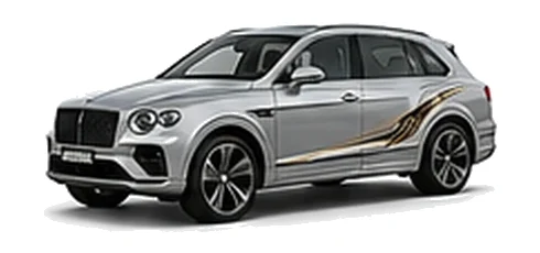 Bentley Bentayga in Moonbeam Silver with luxury touring vinyl graphics, front three-quarter view on a white background.