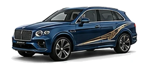 Bentley Bentayga in Sequin Blue with luxury touring vinyl graphics, front three-quarter view on a white background.