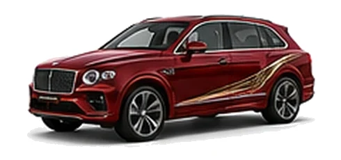 Bentley Bentayga in St James Red with luxury touring vinyl graphics, front three-quarter view on a white background.