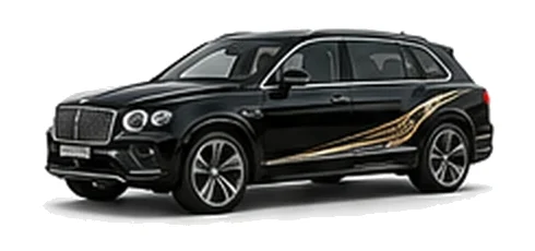Bentley Bentayga EWB in Onyx Black with luxury touring vinyl graphics, front three-quarter view on a white background.