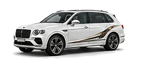 Bentley Bentayga EWB in Glacier White with luxury touring vinyl graphics, front three-quarter view on a white background.