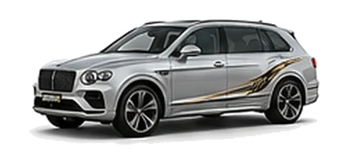 Bentley Bentayga EWB in Moonbeam Silver with luxury touring vinyl graphics, front three-quarter view on a white background.