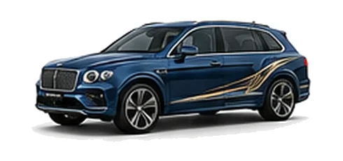 Bentley Bentayga EWB in Sequin Blue with luxury touring vinyl graphics, front three-quarter view on a white background.