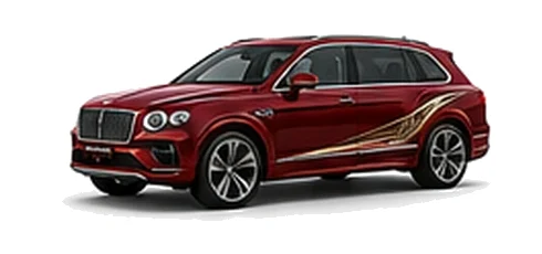 Bentley Bentayga EWB in St James Red with luxury touring vinyl graphics, front three-quarter view on a white background.