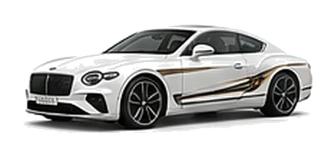 Bentley Continental GT in Glacier White with luxury touring vinyl graphics, front three-quarter view on a white background.