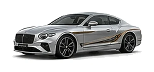 Bentley Continental GT in Moonbeam Silver with luxury touring vinyl graphics, front three-quarter view on a white background.