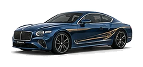 Bentley Continental GT in Sequin Blue with luxury touring vinyl graphics, front three-quarter view on a white background.