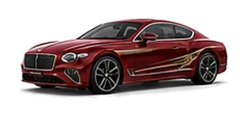 Bentley Continental GT in St James Red with luxury touring vinyl graphics, front three-quarter view on a white background.