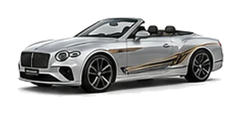 Bentley Continental GTC in Moonbeam Silver with luxury touring vinyl graphics, front three-quarter view on a white background.