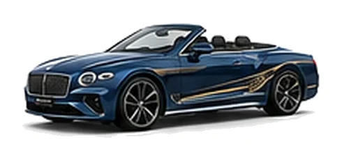 Bentley Continental GTC in Sequin Blue with luxury touring vinyl graphics, front three-quarter view on a white background.