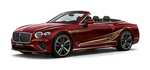 Bentley Continental GTC in St James Red with luxury touring vinyl graphics, front three-quarter view on a white background.