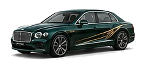 Bentley Flying Spur in Alpine Green with luxury touring vinyl graphics, front three-quarter view on a white background.