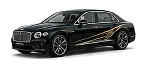 Bentley Flying Spur in Onyx Black with luxury touring vinyl graphics, front three-quarter view on a white background.