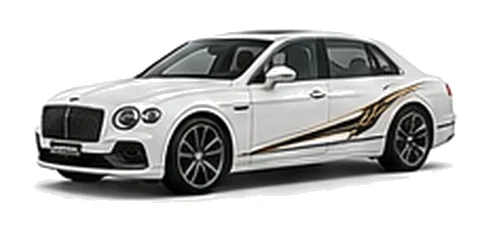 Bentley Flying Spur in Glacier White with luxury touring vinyl graphics, front three-quarter view on a white background.