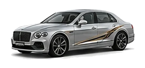 Bentley Flying Spur in Moonbeam Silver with luxury touring vinyl graphics, front three-quarter view on a white background.