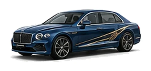 Bentley Flying Spur in Sequin Blue with luxury touring vinyl graphics, front three-quarter view on a white background.