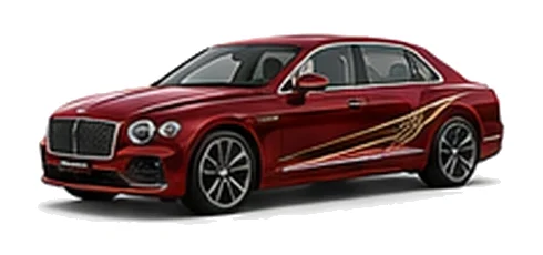 Bentley Flying Spur in St James Red with luxury touring vinyl graphics, front three-quarter view on a white background.
