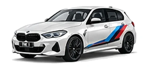 BMW 1 Series in Alpine White with BMW M-inspired vinyl graphics, front three-quarter view on a white background.