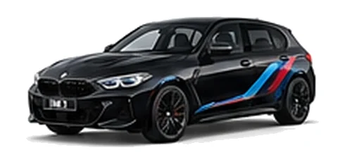 BMW 1 Series in Black Sapphire with BMW M-inspired vinyl graphics, front three-quarter view on a white background.
