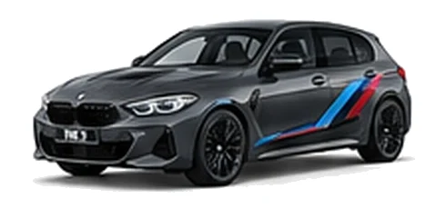 BMW 1 Series in Dravit Grey with BMW M-inspired vinyl graphics, front three-quarter view on a white background.
