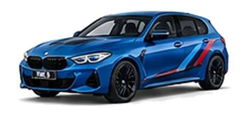 BMW 1 Series in Portimao Blue with BMW M-inspired vinyl graphics, front three-quarter view on a white background.