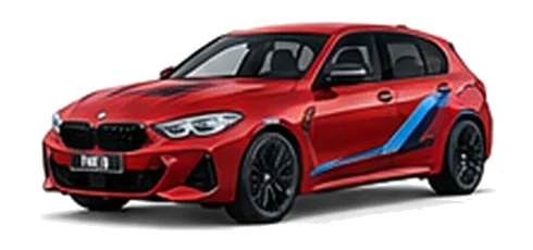 BMW 1 Series in Toronto Red with BMW M-inspired vinyl graphics, front three-quarter view on a white background.