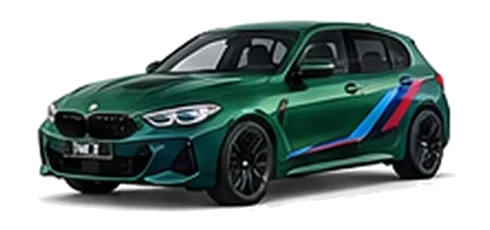 BMW 1 Series in Isle of Man Green with BMW M-inspired vinyl graphics, front three-quarter view on a white background.