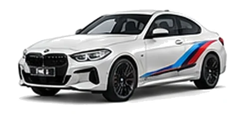 BMW 2 Series in Alpine White with BMW M-inspired vinyl graphics, front three-quarter view on a white background.