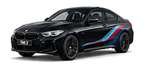 BMW 2 Series in Black Sapphire with BMW M-inspired vinyl graphics, front three-quarter view on a white background.