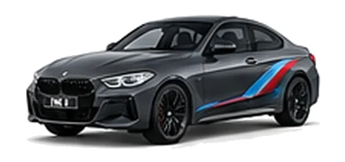 BMW 2 Series in Dravit Grey with BMW M-inspired vinyl graphics, front three-quarter view on a white background.