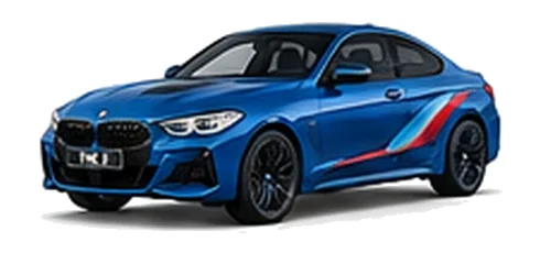 BMW 2 Series in Portimao Blue with BMW M-inspired vinyl graphics, front three-quarter view on a white background.