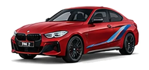 BMW 2 Series in Toronto Red with BMW M-inspired vinyl graphics, front three-quarter view on a white background.