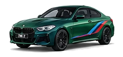 BMW 2 Series in Isle of Man Green with BMW M-inspired vinyl graphics, front three-quarter view on a white background.