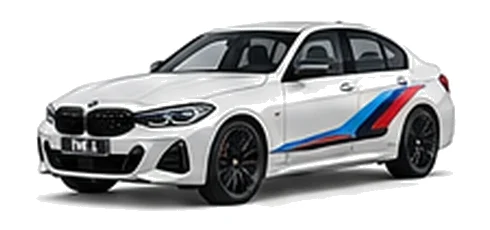 BMW 3 Series in Alpine White with BMW M-inspired vinyl graphics, front three-quarter view on a white background.