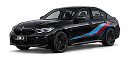 BMW 3 Series in Black Sapphire with BMW M-inspired vinyl graphics, front three-quarter view on a white background.