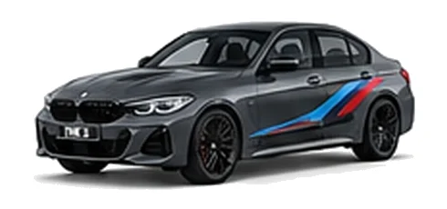 BMW 3 Series in Dravit Grey with BMW M-inspired vinyl graphics, front three-quarter view on a white background.