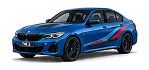 BMW 3 Series in Portimao Blue with BMW M-inspired vinyl graphics, front three-quarter view on a white background.