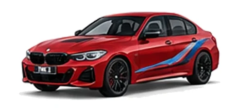 BMW 3 Series in Toronto Red with BMW M-inspired vinyl graphics, front three-quarter view on a white background.