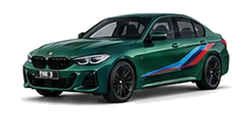 BMW 3 Series in Isle of Man Green with BMW M-inspired vinyl graphics, front three-quarter view on a white background.