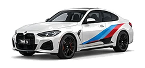 BMW 4 Series in Alpine White with BMW M-inspired vinyl graphics, front three-quarter view on a white background.