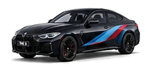 BMW 4 Series in Black Sapphire with BMW M-inspired vinyl graphics, front three-quarter view on a white background.