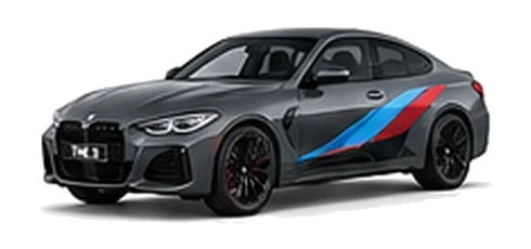 BMW 4 Series in Dravit Grey with BMW M-inspired vinyl graphics, front three-quarter view on a white background.