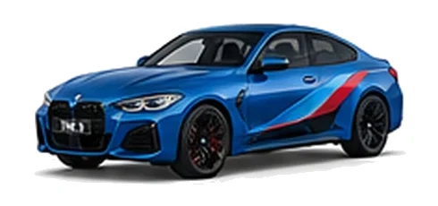 BMW 4 Series in Portimao Blue with BMW M-inspired vinyl graphics, front three-quarter view on a white background.